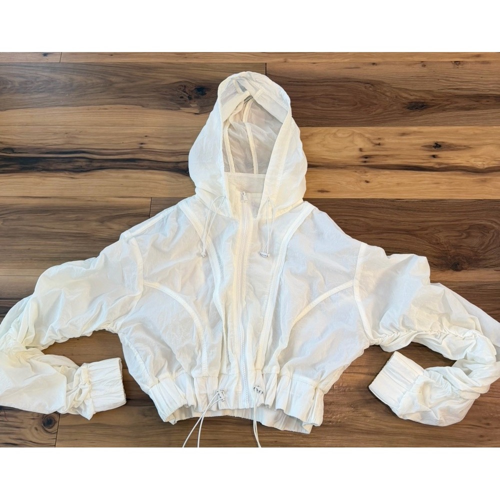 POPFLEX Whimsical Breeze Windbreaker S/M White Cropped Hooded Nylon Jacket